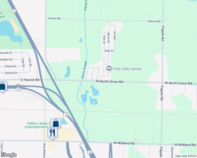 map of restaurants, bars, coffee shops, grocery stores, and more near Ash St in Midland Township