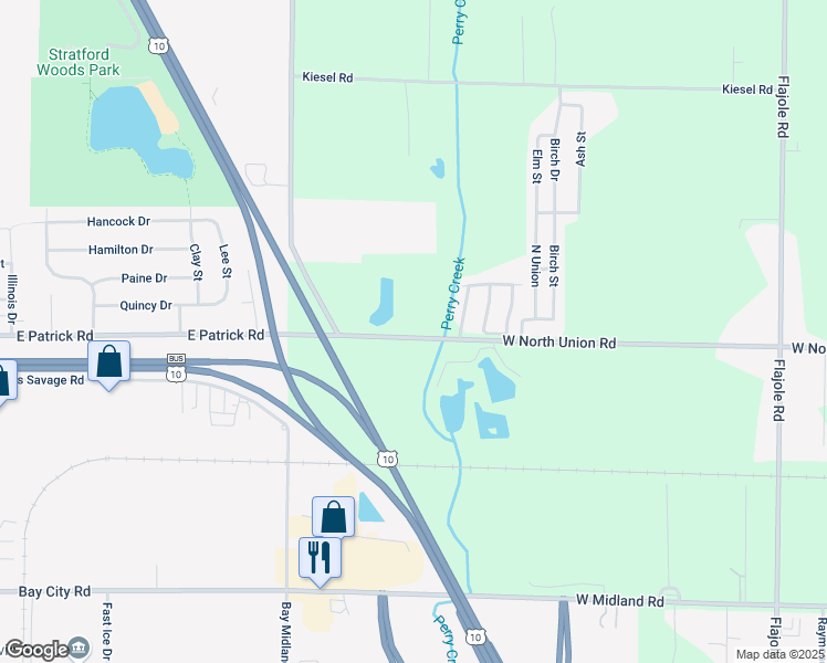 map of restaurants, bars, coffee shops, grocery stores, and more near 2828 West North Union Road in Midland