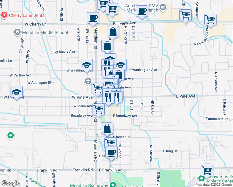 map of restaurants, bars, coffee shops, grocery stores, and more near in Meridian
