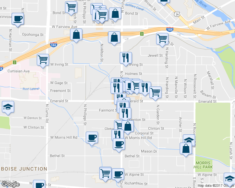 map of restaurants, bars, coffee shops, grocery stores, and more near 851 North Orchard Street in Boise