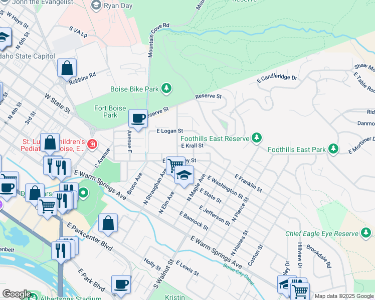 map of restaurants, bars, coffee shops, grocery stores, and more near 915 East Krall Street in Boise