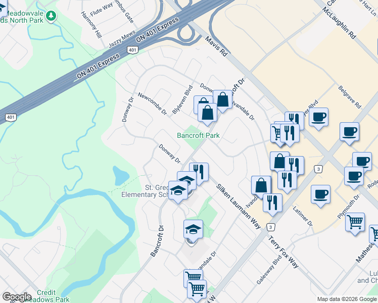 map of restaurants, bars, coffee shops, grocery stores, and more near 995 Bancroft Drive in Mississauga