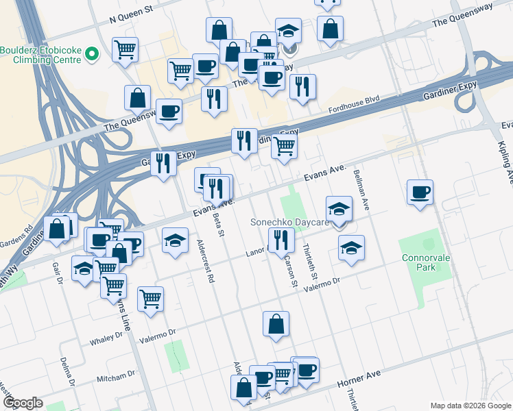 map of restaurants, bars, coffee shops, grocery stores, and more near 303 Delta Street in Toronto