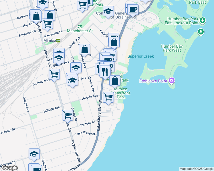 map of restaurants, bars, coffee shops, grocery stores, and more near 2495 Lake Shore Boulevard West in Toronto