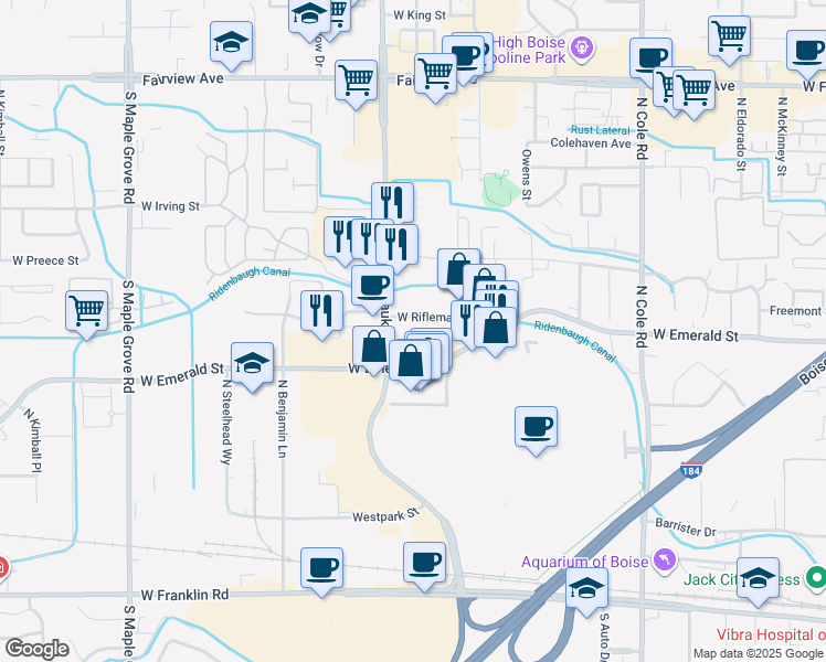 map of restaurants, bars, coffee shops, grocery stores, and more near 8151 West Rifleman Street in Boise