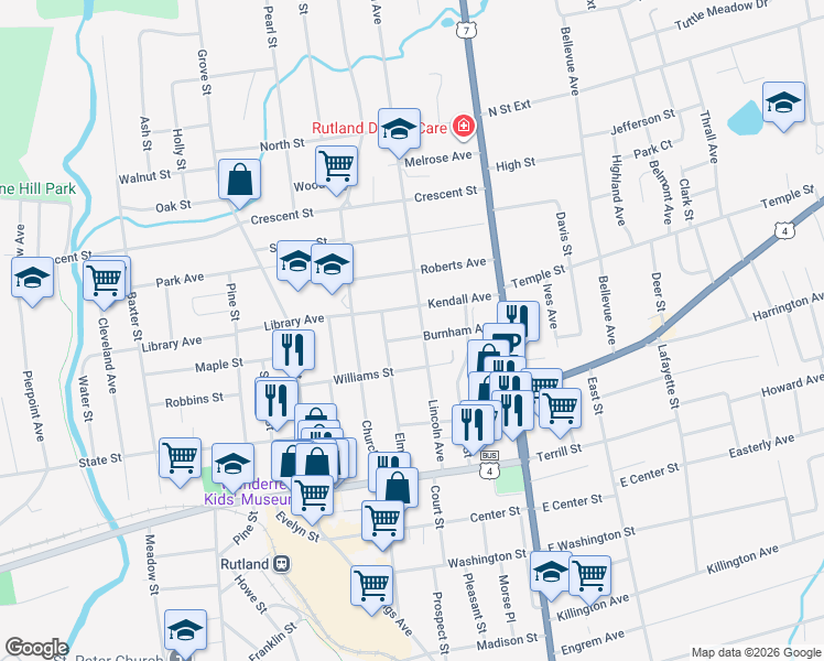 map of restaurants, bars, coffee shops, grocery stores, and more near 57 Lincoln Avenue in Rutland