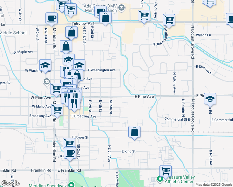 map of restaurants, bars, coffee shops, grocery stores, and more near 520 East Pine Avenue in Meridian