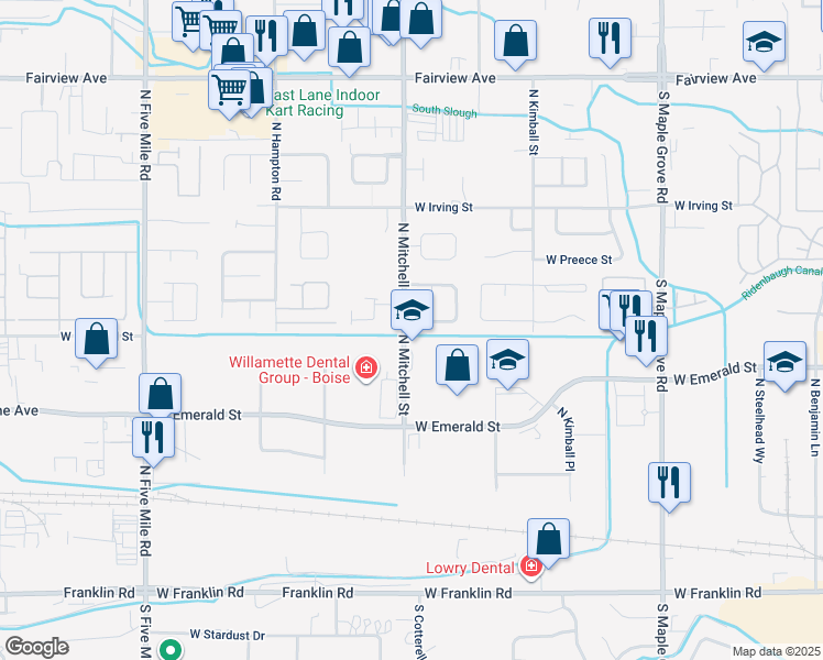 map of restaurants, bars, coffee shops, grocery stores, and more near 9787 West Rifleman Street in Boise