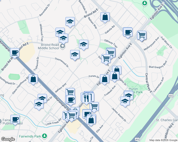 map of restaurants, bars, coffee shops, grocery stores, and more near 211 C Forum Drive in Mississauga