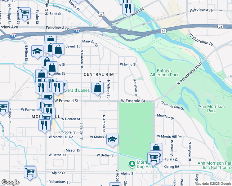 map of restaurants, bars, coffee shops, grocery stores, and more near 891 North Roosevelt Street in Boise
