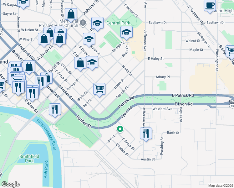 map of restaurants, bars, coffee shops, grocery stores, and more near 1001 Fournie Street in Midland
