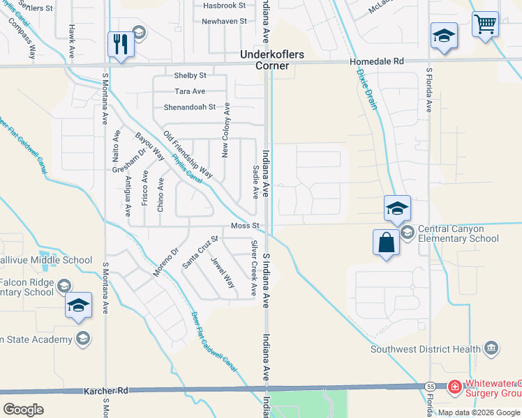 map of restaurants, bars, coffee shops, grocery stores, and more near 16552 Sadie Avenue in Caldwell