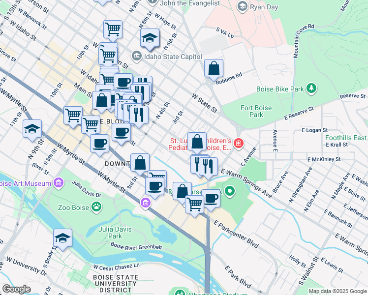 map of restaurants, bars, coffee shops, grocery stores, and more near 141 West Idaho Street in Boise