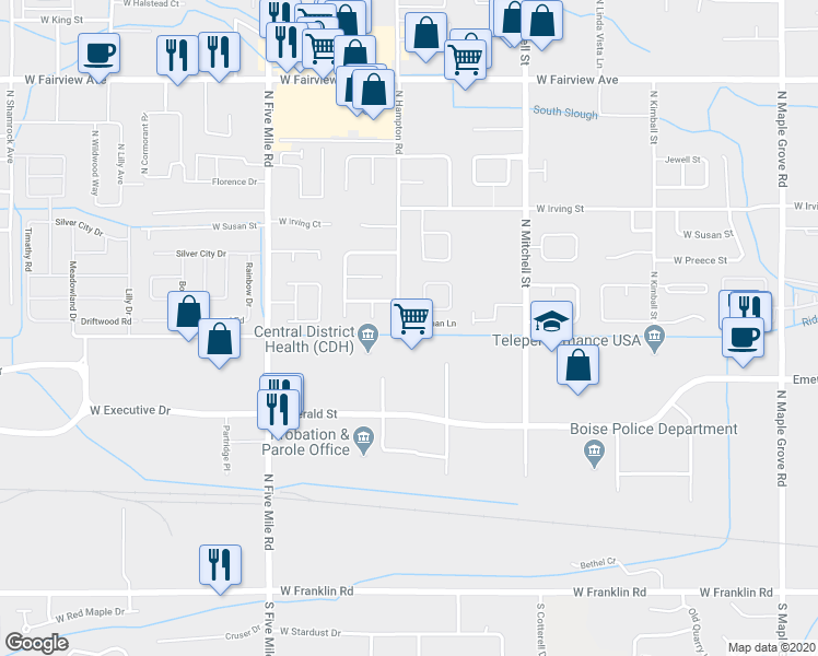 map of restaurants, bars, coffee shops, grocery stores, and more near 10151 West Rifleman Lane in Boise