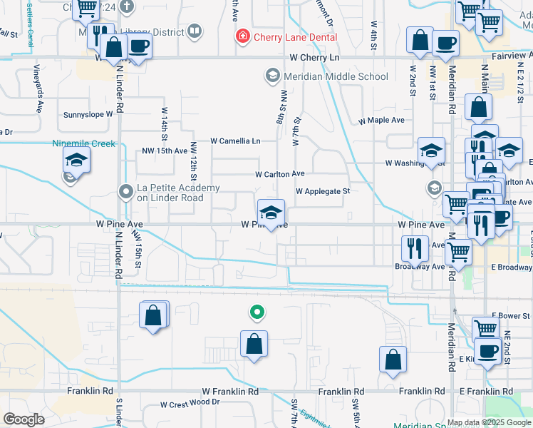 map of restaurants, bars, coffee shops, grocery stores, and more near 929 West 8th Street in Meridian