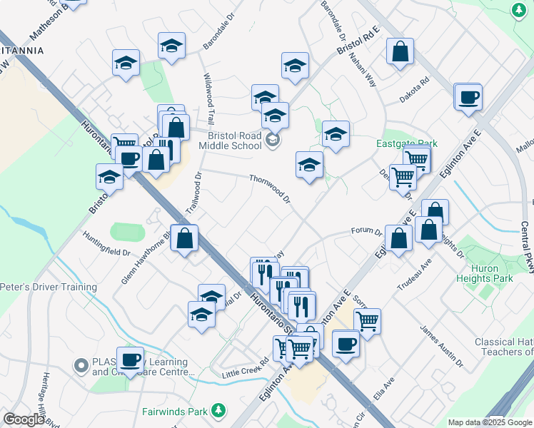 map of restaurants, bars, coffee shops, grocery stores, and more near in Mississauga