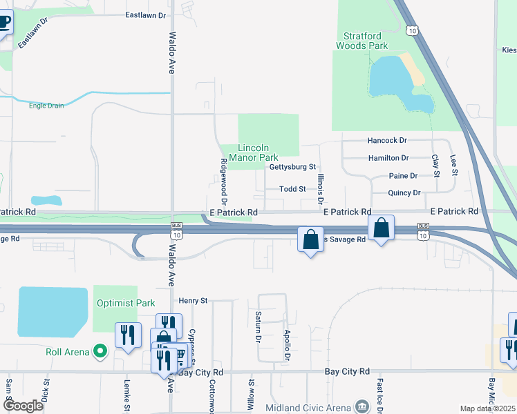map of restaurants, bars, coffee shops, grocery stores, and more near 1309 Springfield Drive in Midland