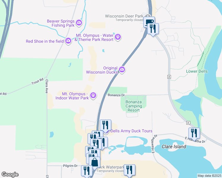 map of restaurants, bars, coffee shops, grocery stores, and more near 1810 Wisconsin Dells Parkway in Wisconsin Dells