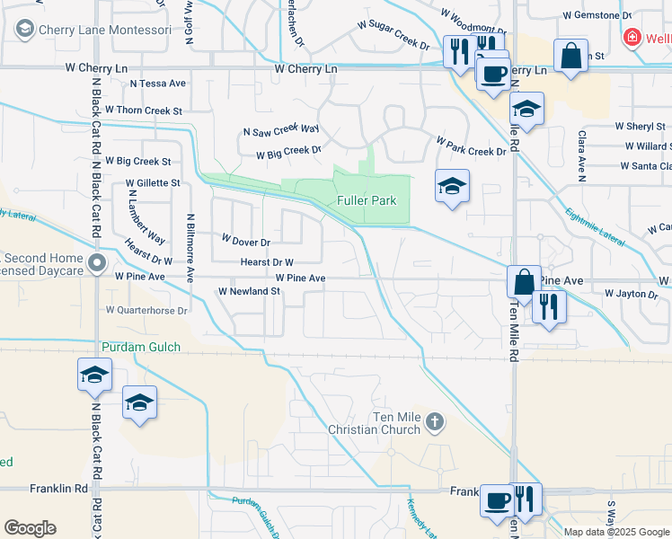 map of restaurants, bars, coffee shops, grocery stores, and more near 3879 Hearst Drive West in Meridian