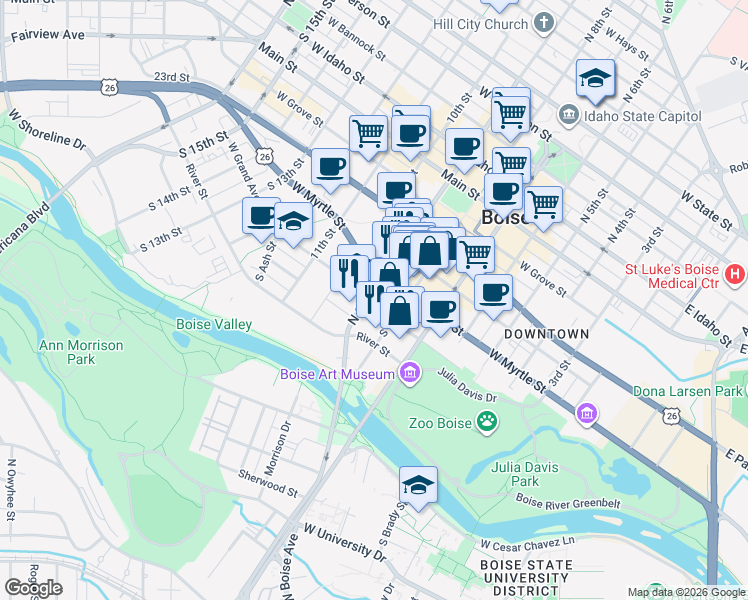 map of restaurants, bars, coffee shops, grocery stores, and more near 520 South 9th Street in Boise