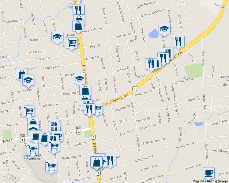 map of restaurants, bars, coffee shops, grocery stores, and more near 45 Bellevue Avenue in Rutland