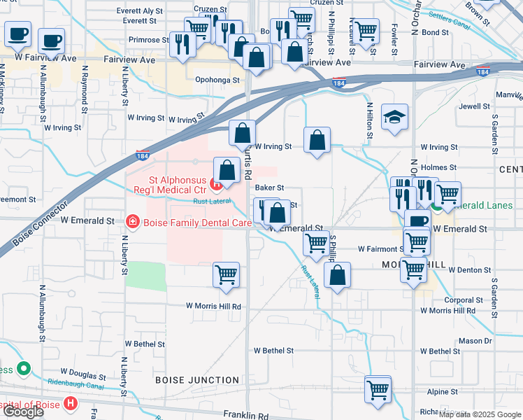 map of restaurants, bars, coffee shops, grocery stores, and more near 5715 Freemont Street in Boise