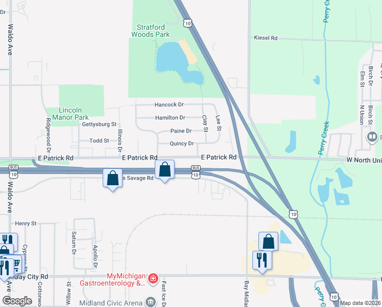 map of restaurants, bars, coffee shops, grocery stores, and more near 4421 East Patrick Road in Midland