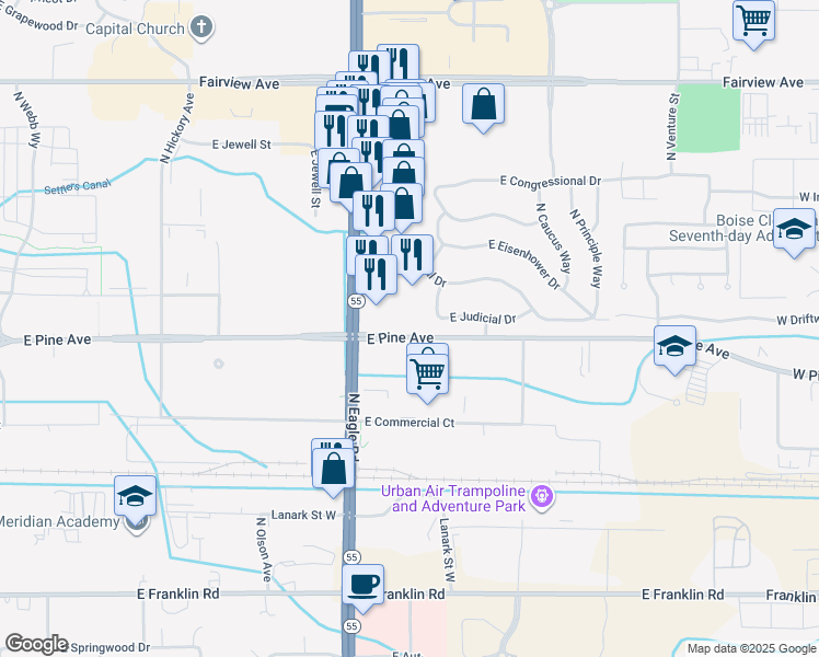 map of restaurants, bars, coffee shops, grocery stores, and more near 3298 East Pine Avenue in Meridian