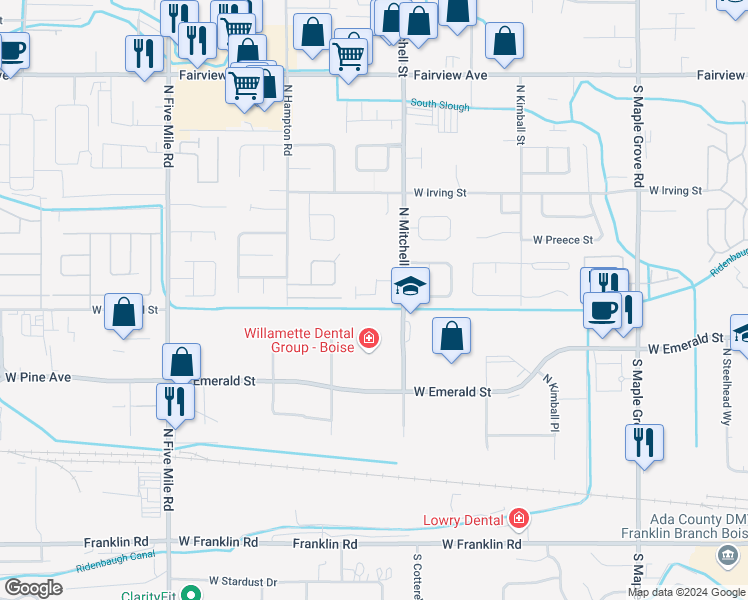map of restaurants, bars, coffee shops, grocery stores, and more near 9907 West Mesquite Court in Boise