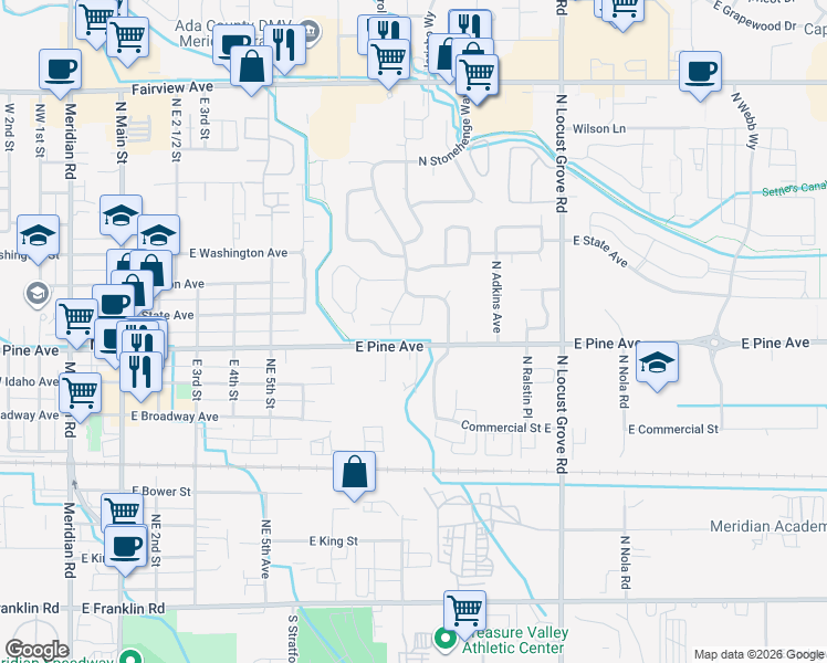 map of restaurants, bars, coffee shops, grocery stores, and more near 893 East Bissett Street in Meridian
