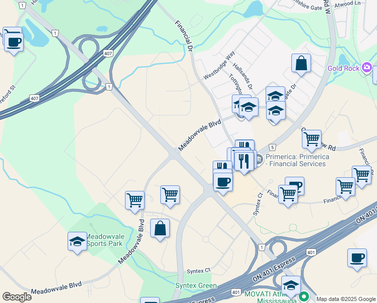 map of restaurants, bars, coffee shops, grocery stores, and more near 1950 Meadowvale Boulevard in Mississauga