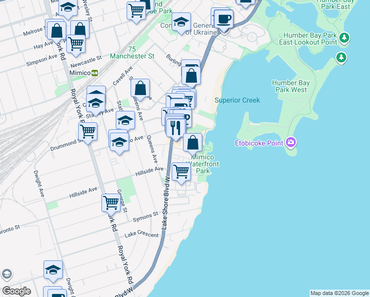 map of restaurants, bars, coffee shops, grocery stores, and more near 2493 Lake Shore Boulevard West in Toronto