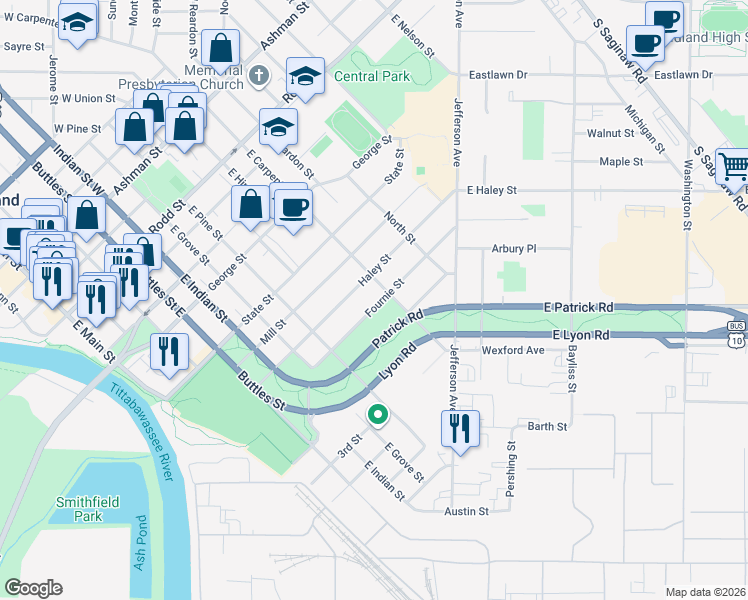 map of restaurants, bars, coffee shops, grocery stores, and more near 1001 Fournie Street in Midland