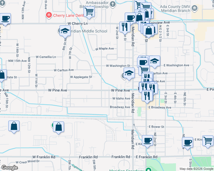 map of restaurants, bars, coffee shops, grocery stores, and more near 918 West 3rd Street in Meridian