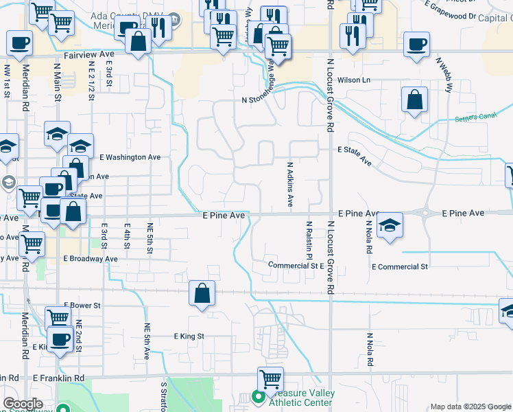 map of restaurants, bars, coffee shops, grocery stores, and more near 925 North Stonehenge Way in Meridian