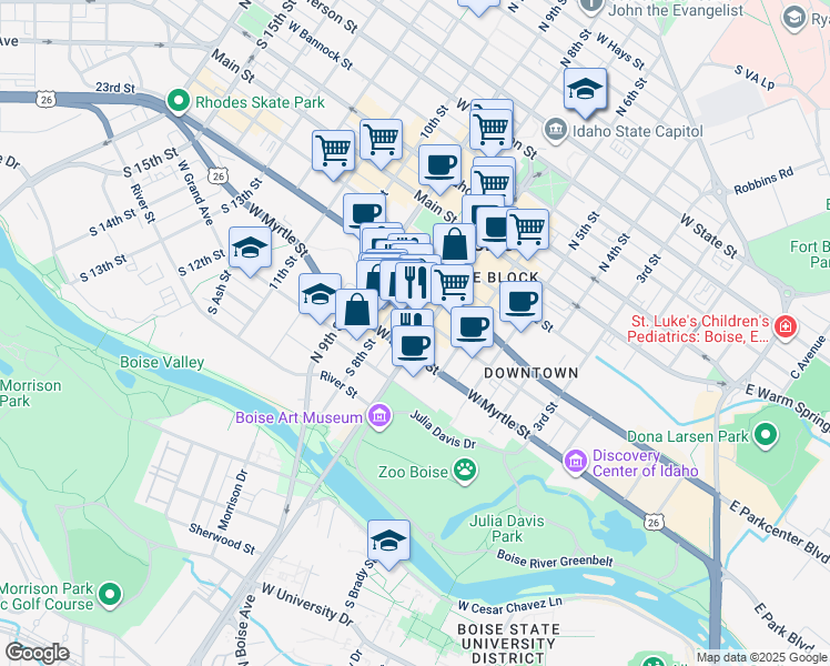 map of restaurants, bars, coffee shops, grocery stores, and more near 445 South Capitol Boulevard in Boise