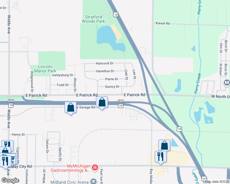 map of restaurants, bars, coffee shops, grocery stores, and more near 4421 East Patrick Road in Midland