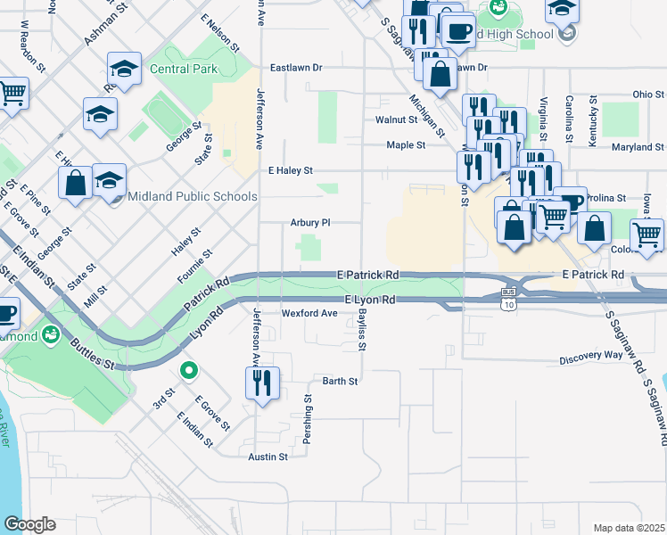 map of restaurants, bars, coffee shops, grocery stores, and more near 315 East Patrick Road in Midland