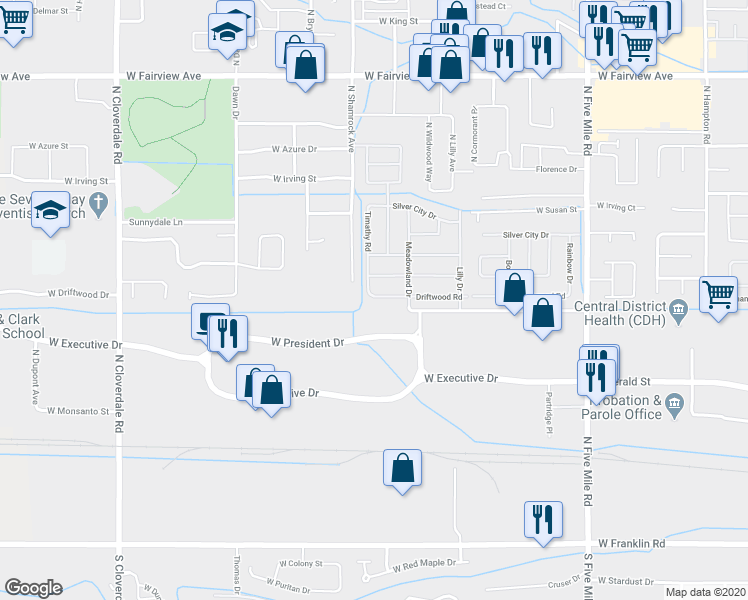 map of restaurants, bars, coffee shops, grocery stores, and more near 515 West Driftwood Road in Boise