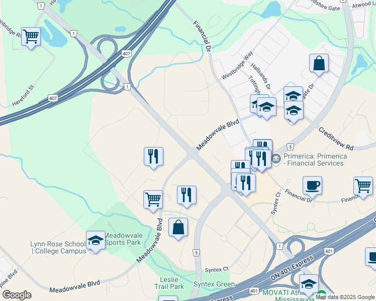map of restaurants, bars, coffee shops, grocery stores, and more near 7150 Mississauga Road in Mississauga