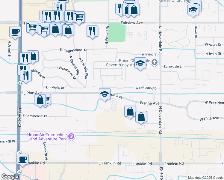 map of restaurants, bars, coffee shops, grocery stores, and more near 4243 East Driftwood Drive in Meridian