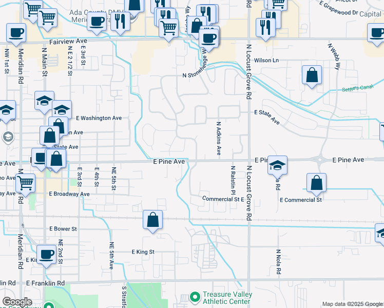 map of restaurants, bars, coffee shops, grocery stores, and more near 925 North Stonehenge Way in Meridian
