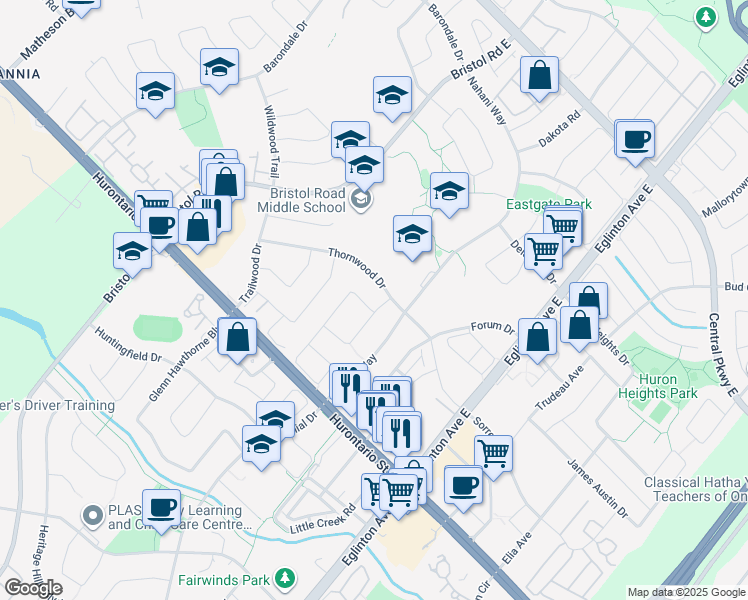 map of restaurants, bars, coffee shops, grocery stores, and more near in Mississauga