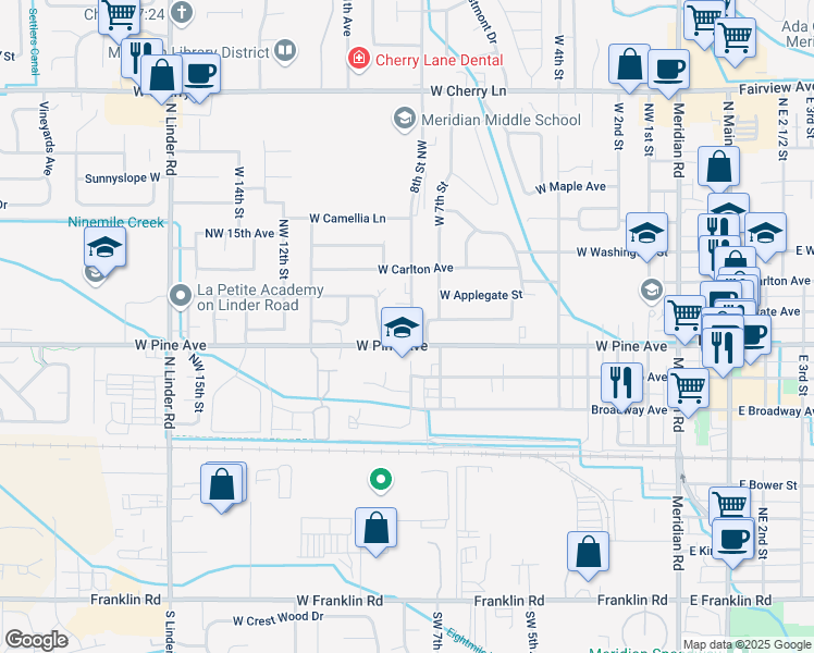 map of restaurants, bars, coffee shops, grocery stores, and more near 929 West 8th Street in Meridian