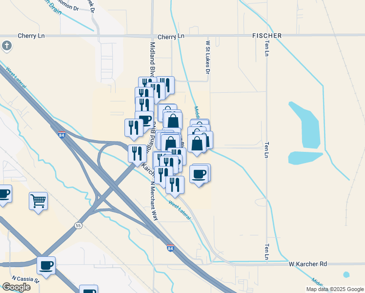 map of restaurants, bars, coffee shops, grocery stores, and more near 16566 North Market Place Boulvard in Nampa