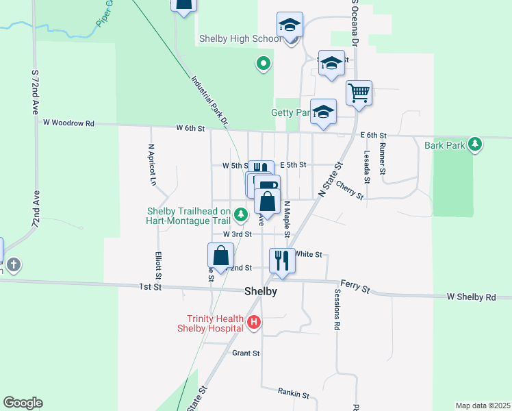 map of restaurants, bars, coffee shops, grocery stores, and more near 225 North Michigan Avenue in Shelby
