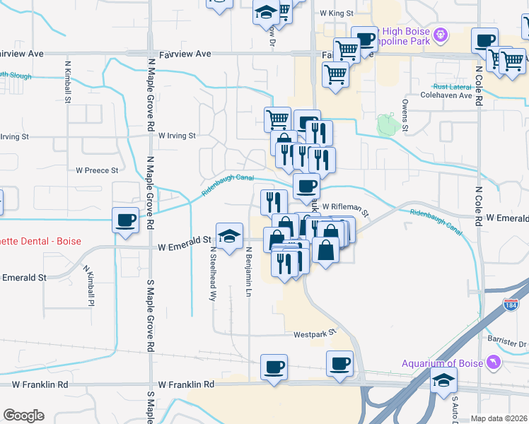 map of restaurants, bars, coffee shops, grocery stores, and more near 8483 West Rifleman Drive in Boise