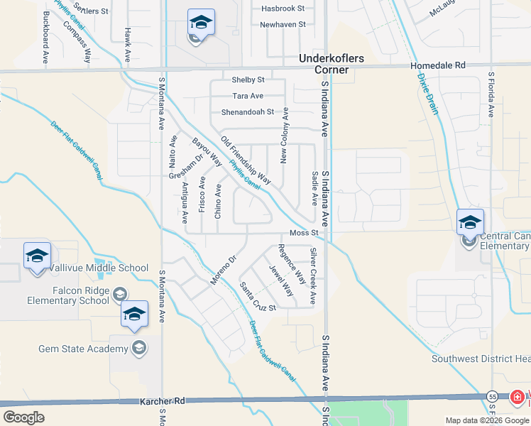 map of restaurants, bars, coffee shops, grocery stores, and more near 16562 Bayou Way in Caldwell