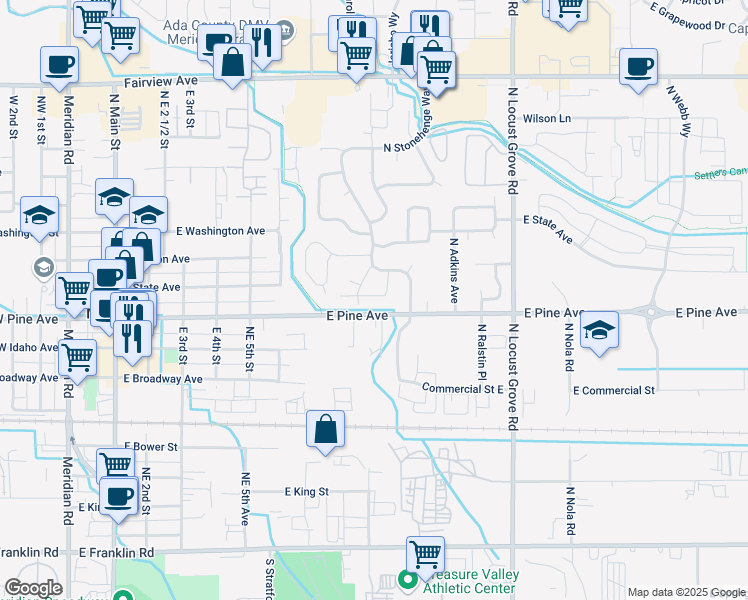 map of restaurants, bars, coffee shops, grocery stores, and more near 893 East Bissett Street in Meridian