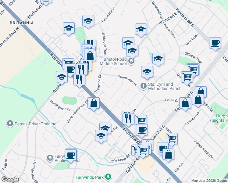 map of restaurants, bars, coffee shops, grocery stores, and more near 115 Clansman Trail in Mississauga